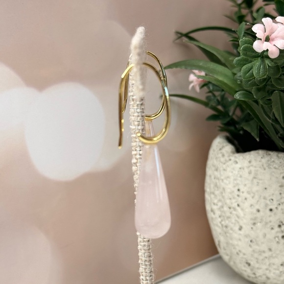 14K Gold Plated Genuine Rose Quartz Teardrop Earrings - Picture 4 of 5